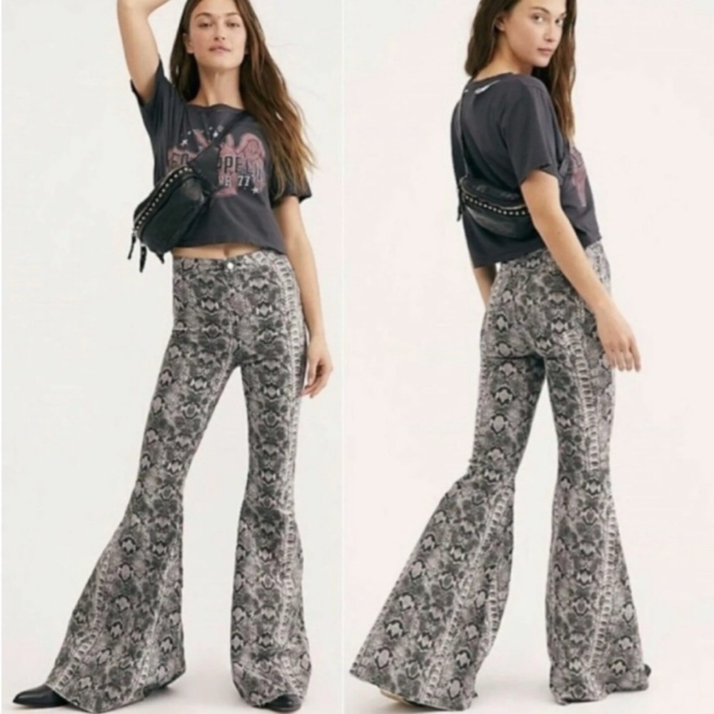 Free People Just Float On High Rise Flare Snake Skin Print Pants
